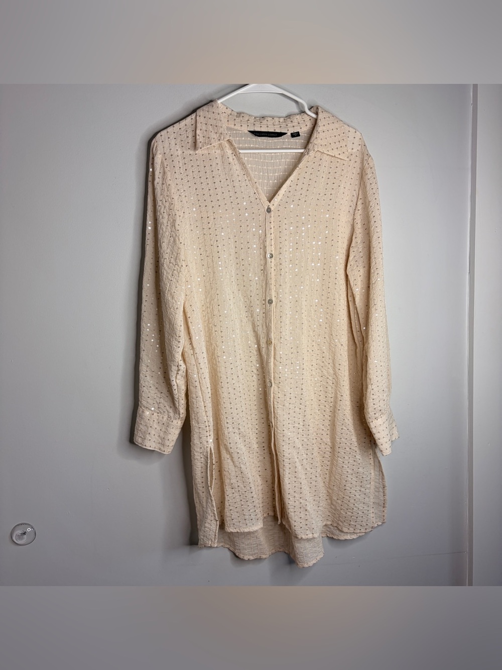 Colleen Lopez Sequin-Stripe Cream Sparkle Small Blouse Button Down - Picture 2 of 8